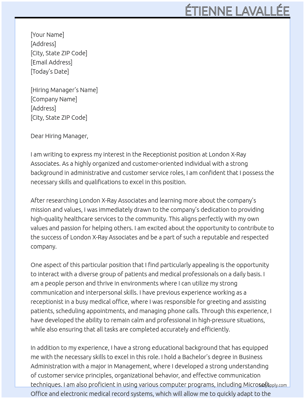 Reception At London X-Ray Associates Cover Letter