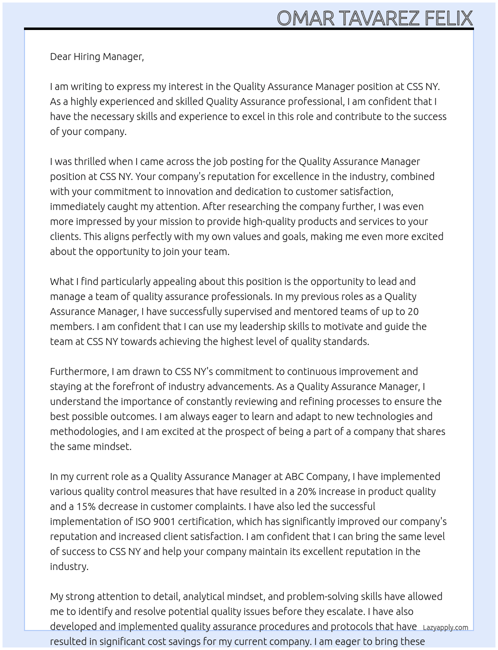 Quality Assurance Manager At CSS NY Cover Letter