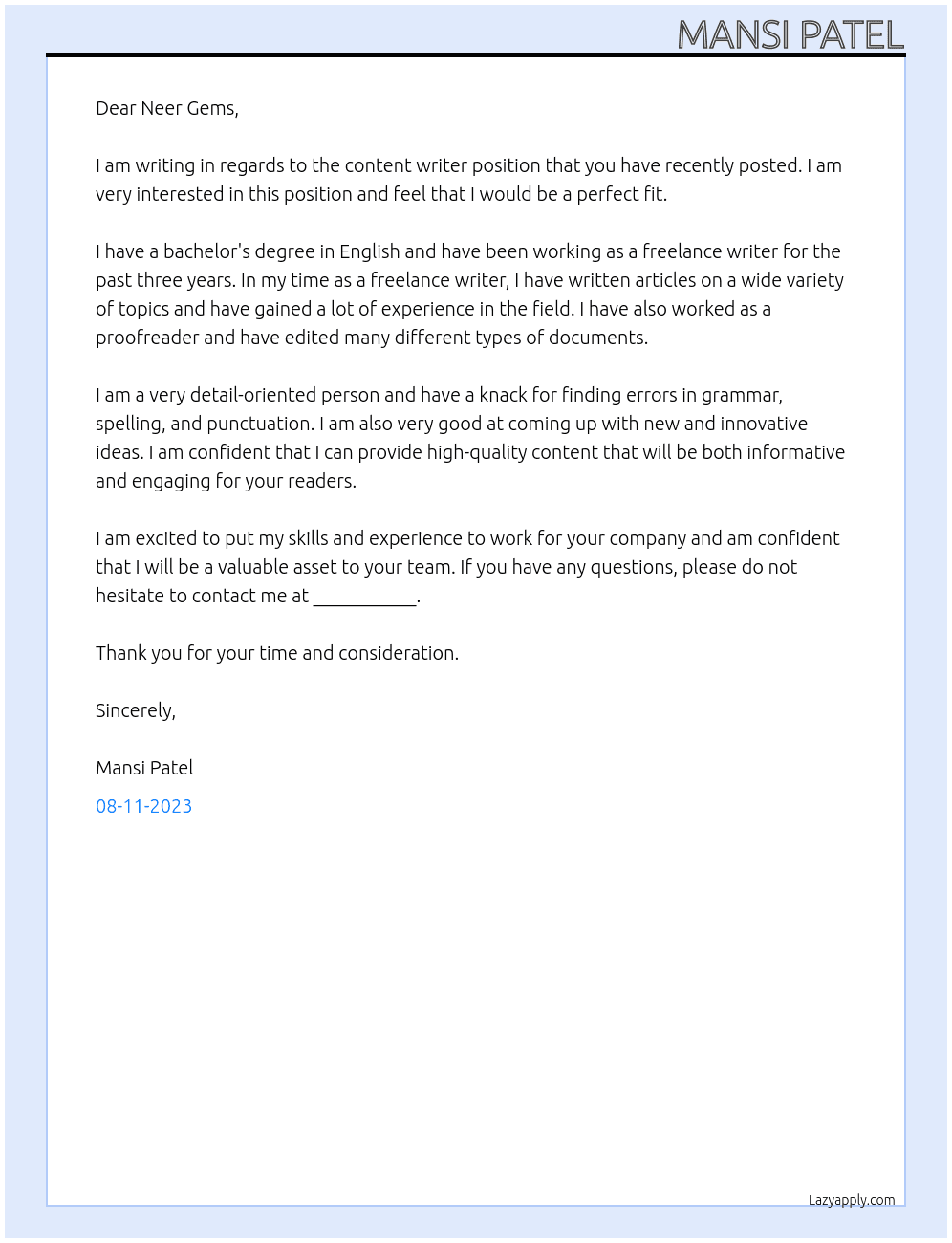 Content writer At neer gems Cover Letter