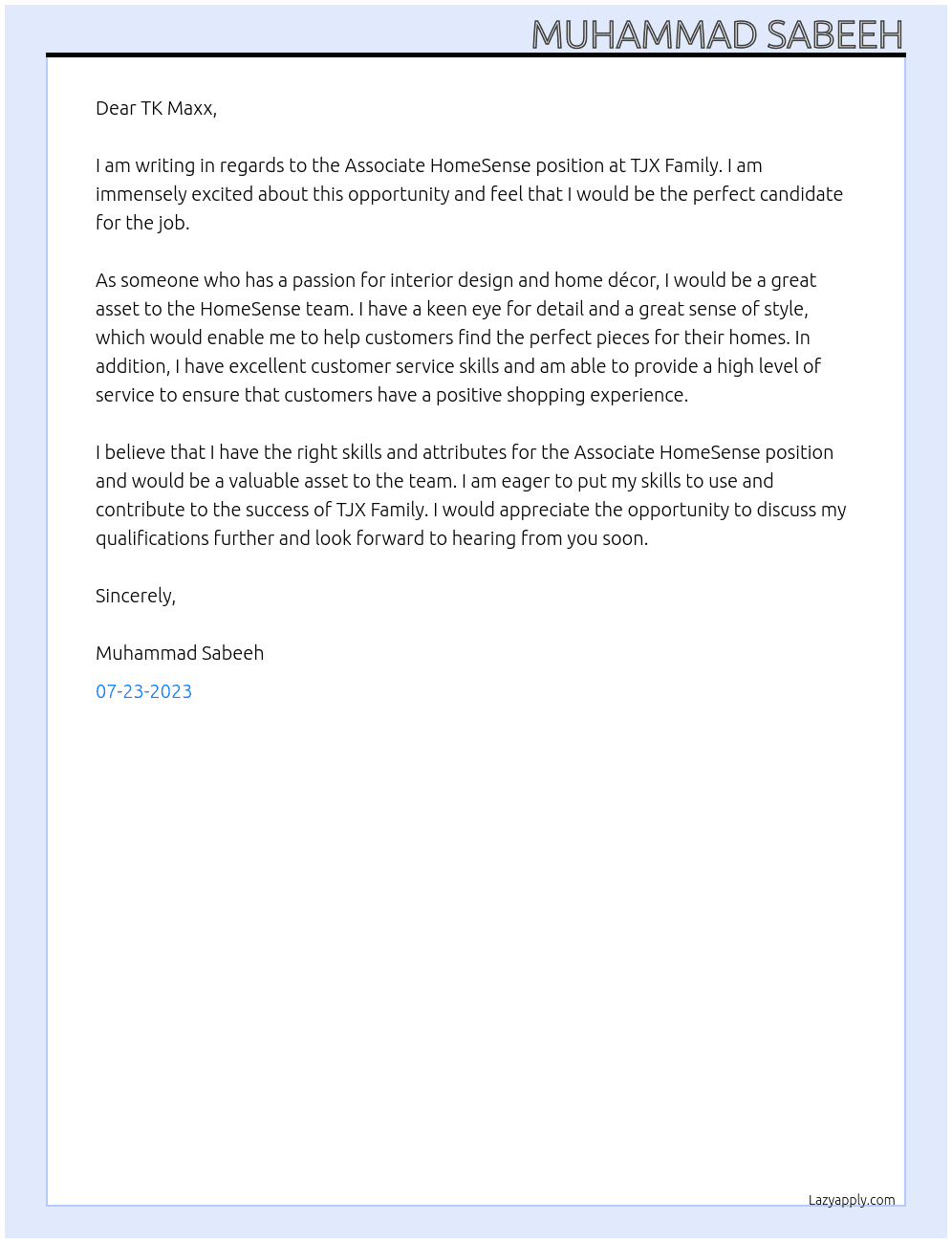Associate HomeSense At TJX Family Cover Letter