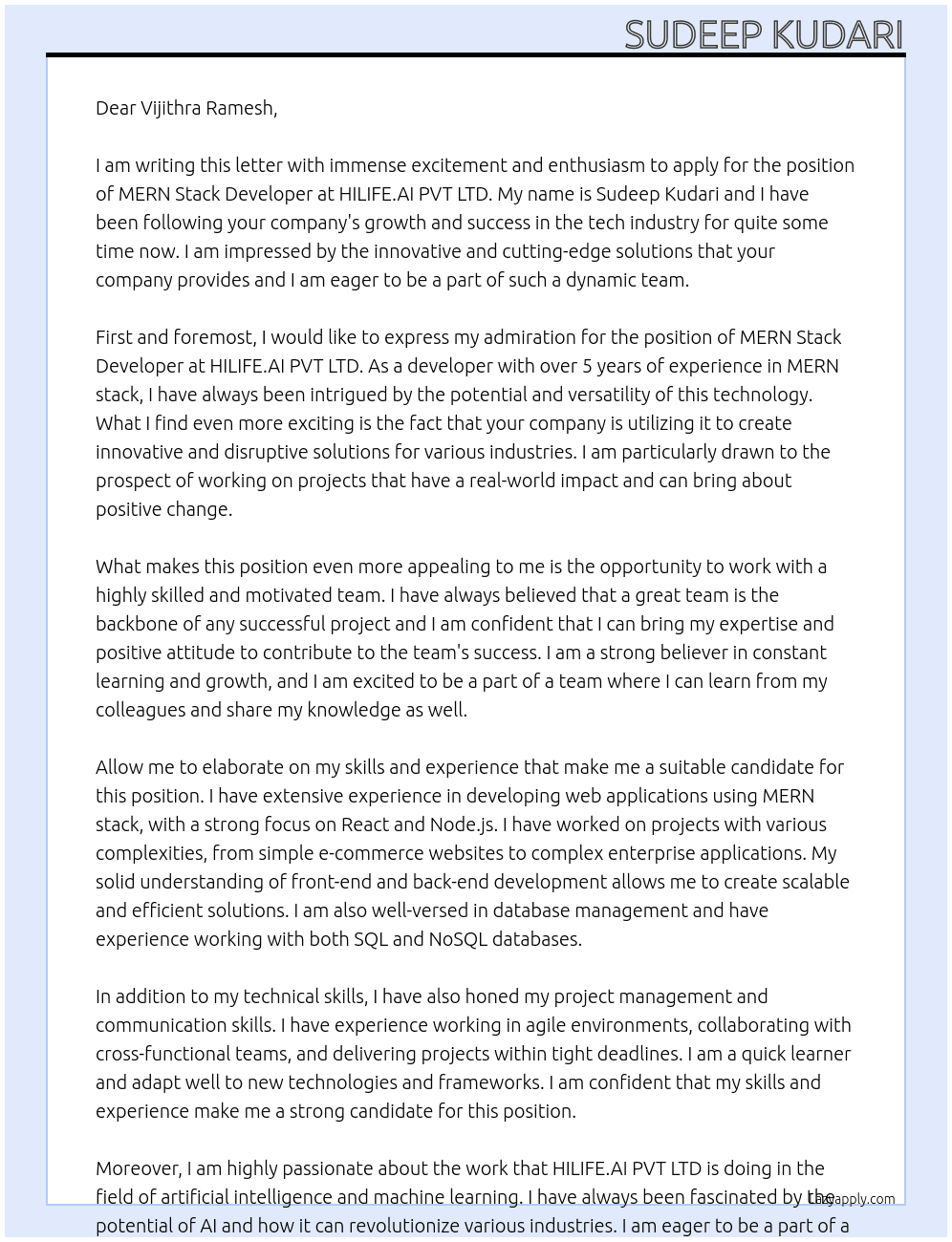 MERN Stack Developer At HILIFE.AI PVT LTD Cover Letter