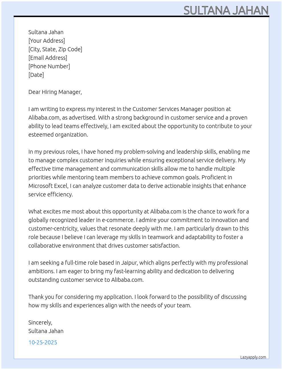 customer services manager  At Alibaba.com Cover Letter