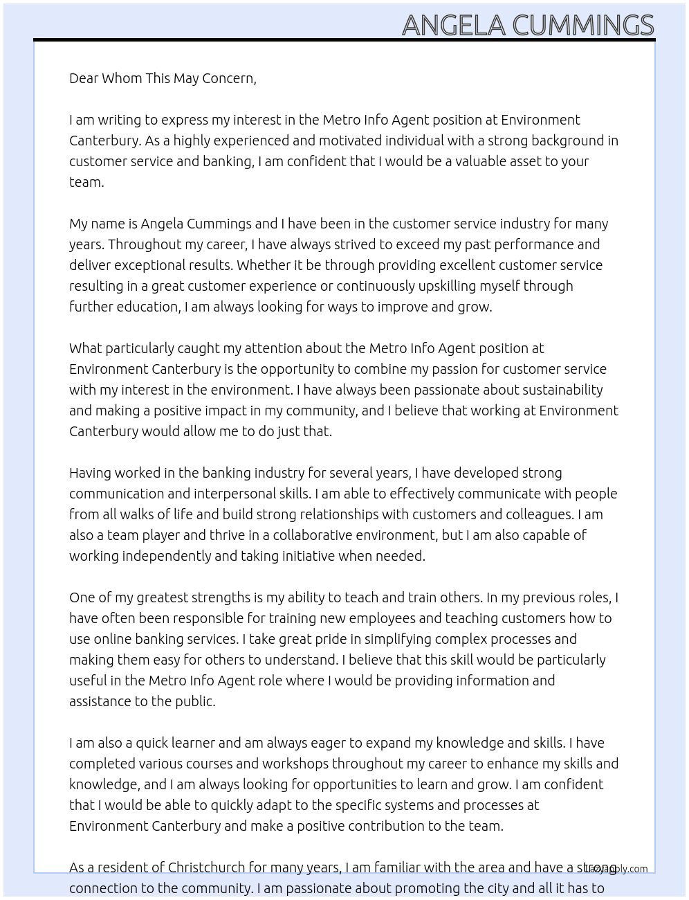 Metro Info Agent At Environment Canterbury Cover Letter