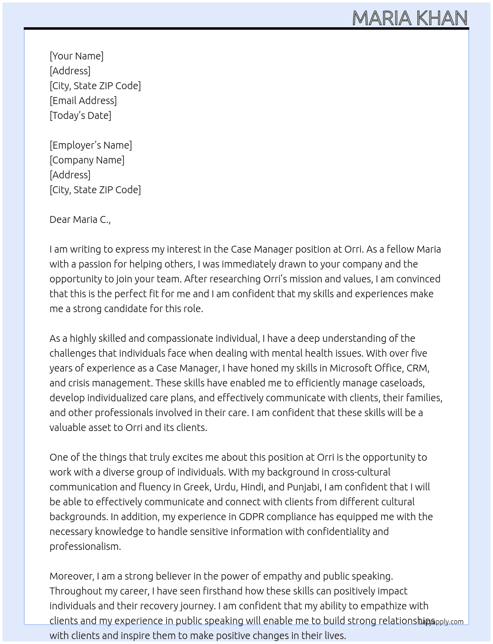 Case Manager At Orri Cover Letter