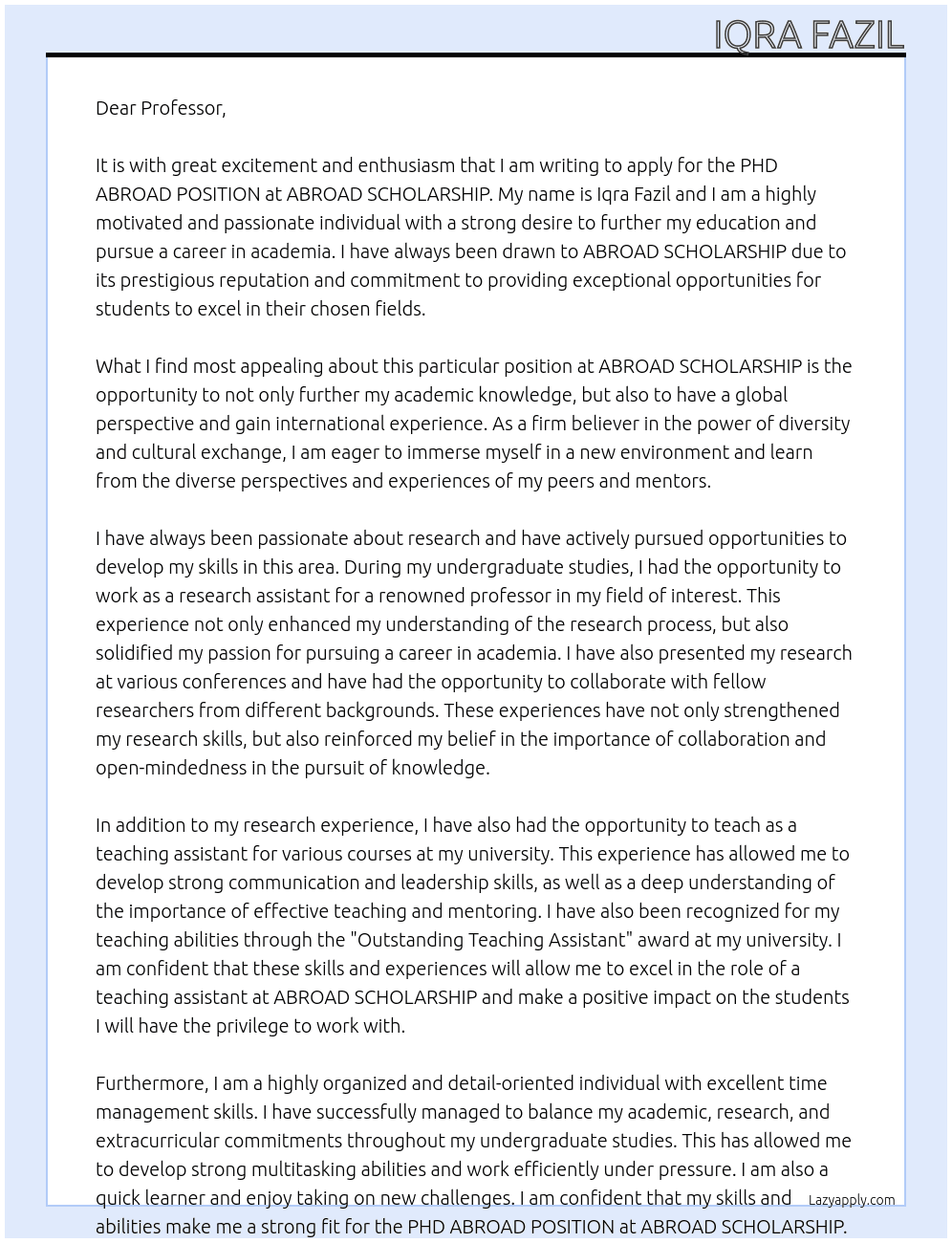 PHD  ABROAD POSITION At ABROAD SCHOLARSHIP Cover Letter
