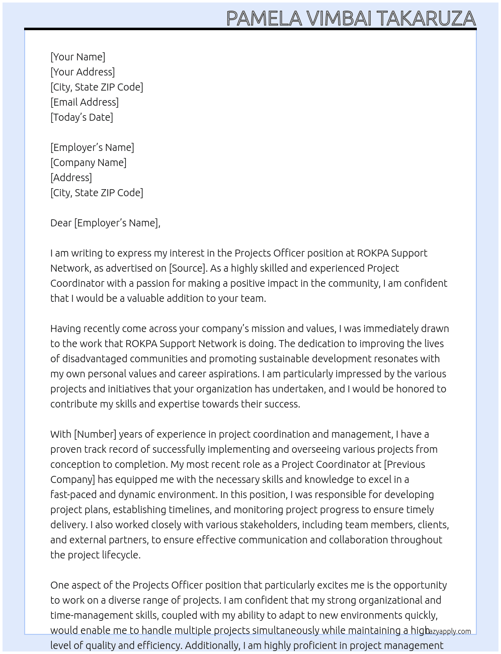 Projects Officer At ROKPA Support Network Cover Letter