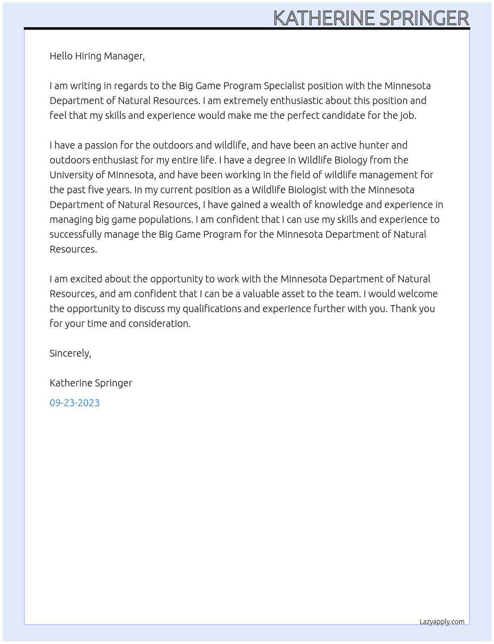 Big Game Program Specialist At Minnesota Department of Natural Resources Cover Letter