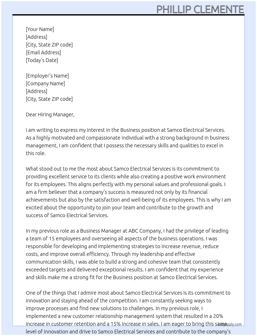 Business  At Samco Electrical Services Cover Letter