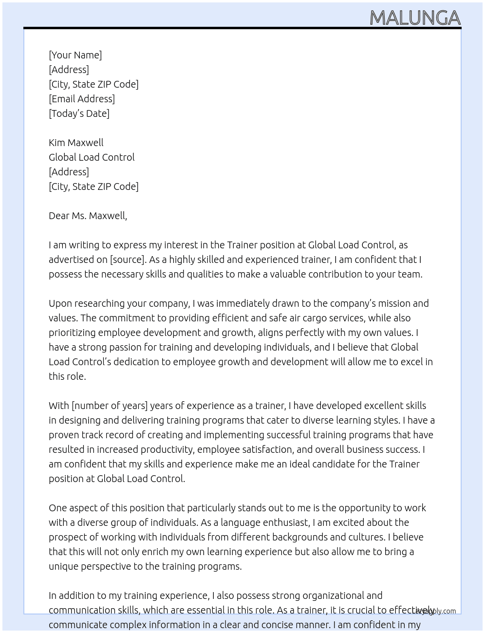 Trainer At Global Load Control Cover Letter