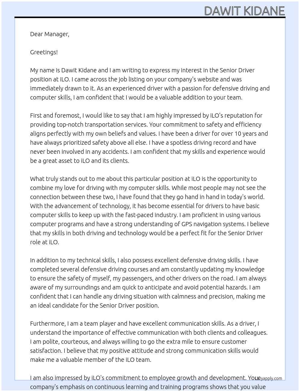 senior driver At iLO Cover Letter