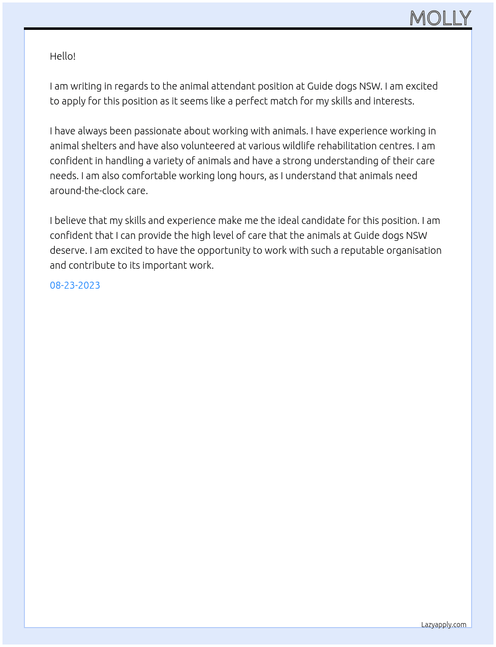 animal attendent At Guide dogs NSW Cover Letter