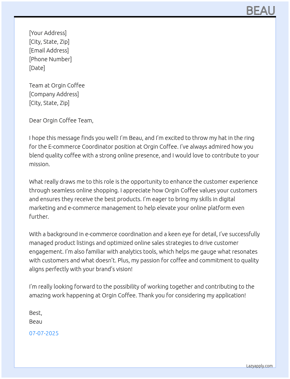 E-commerce Coordinator At Orgin Coffee Cover Letter