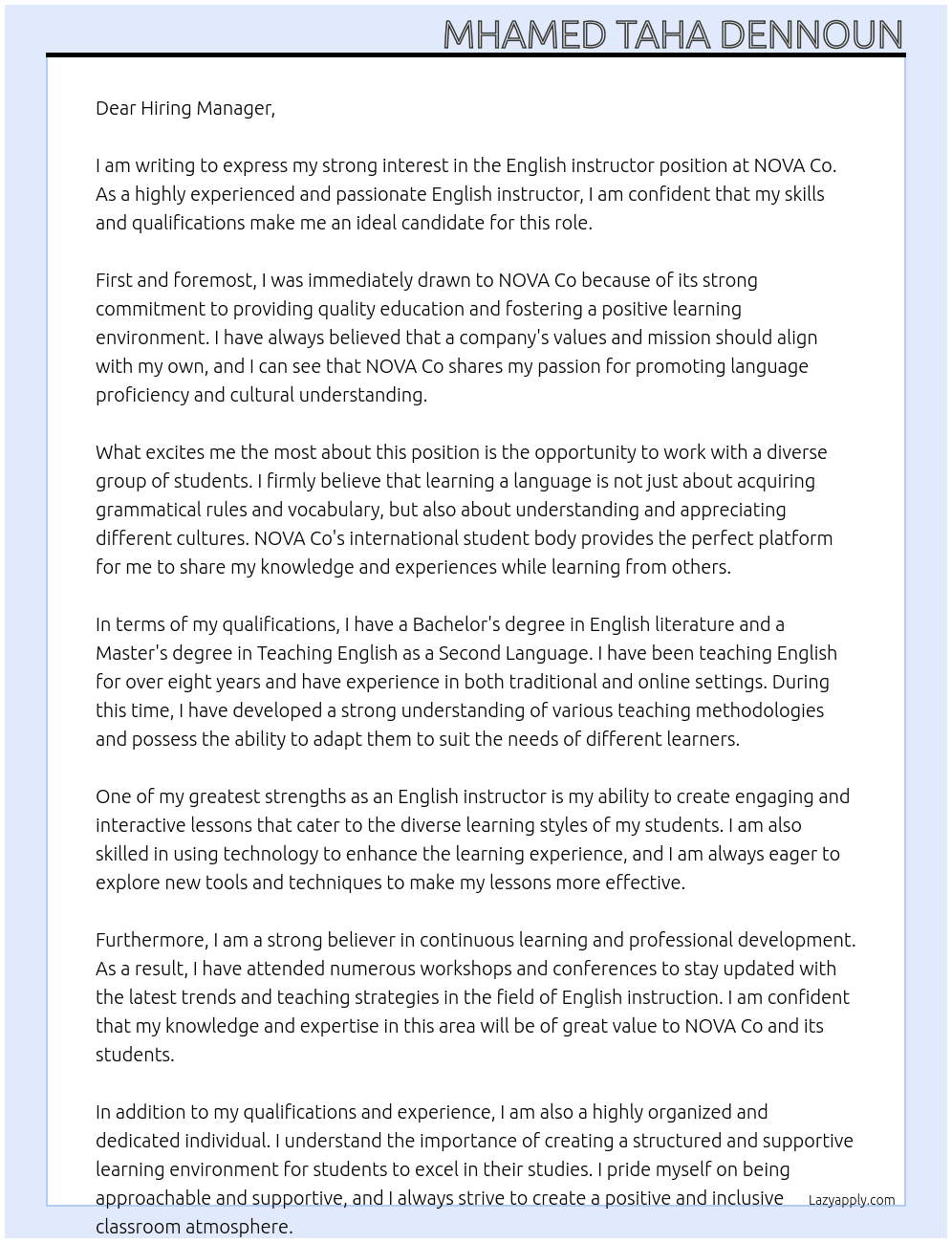 English instructor  At NOVA Co Cover Letter