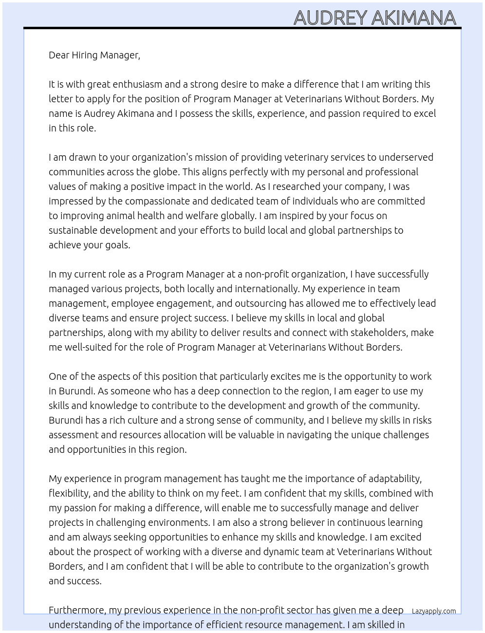 Program Manager At veterinarians without borders Cover Letter