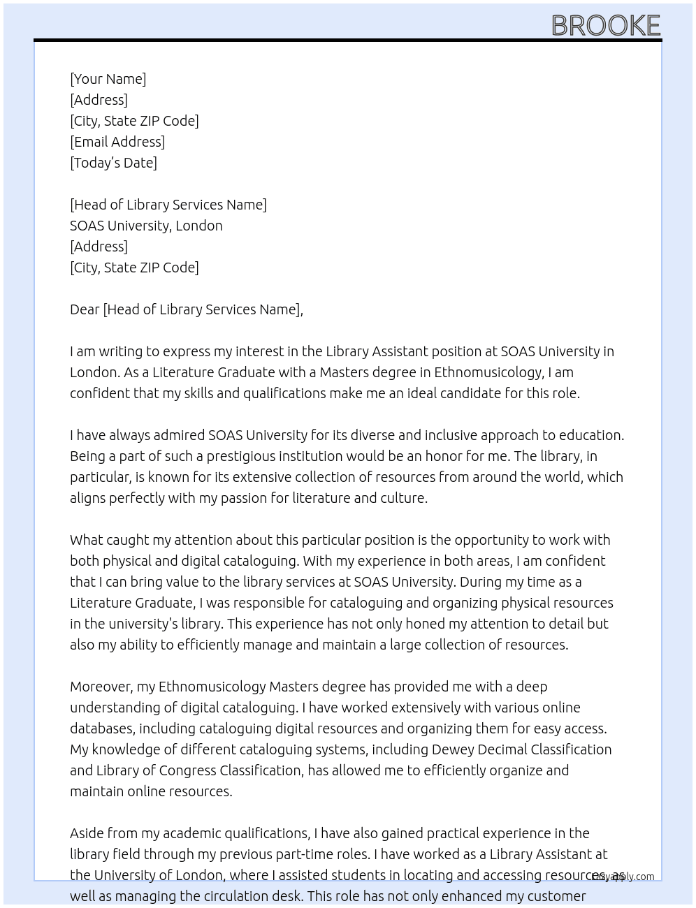 Library Assistant At SOAS University, London Cover Letter