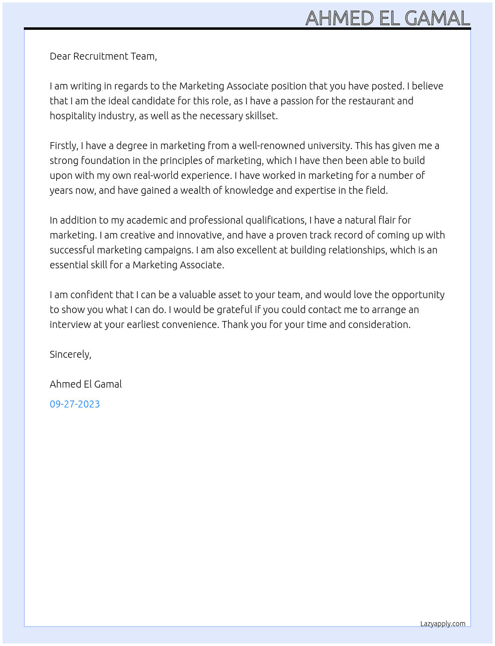 Marketing Associate  At Restaurant/ Hospitality Cover Letter