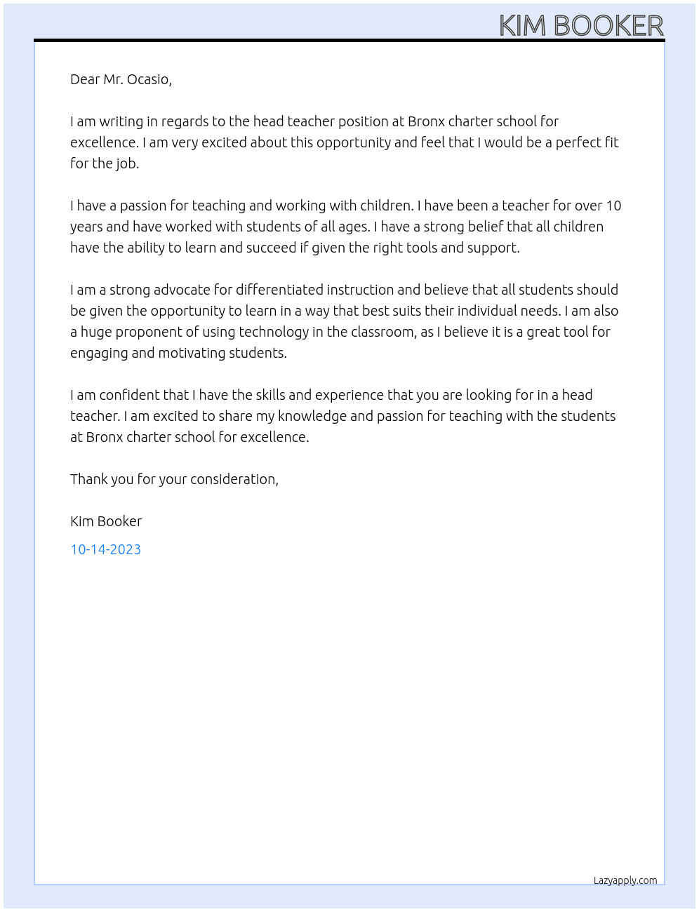 head teacher At Bronx charter school for excellence Cover Letter