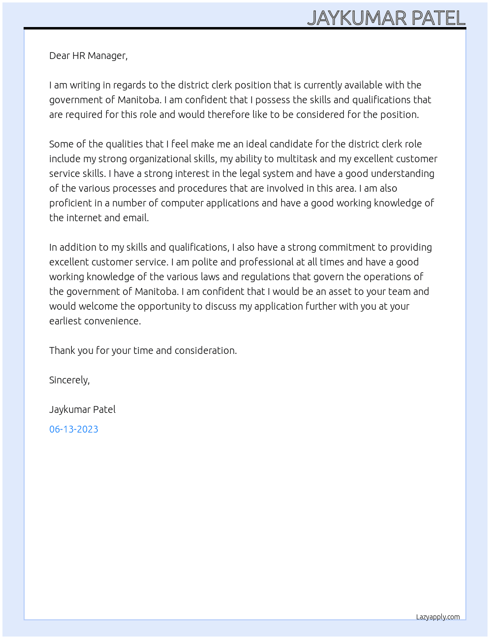 District Clerk At Goverment of manitoba Cover Letter