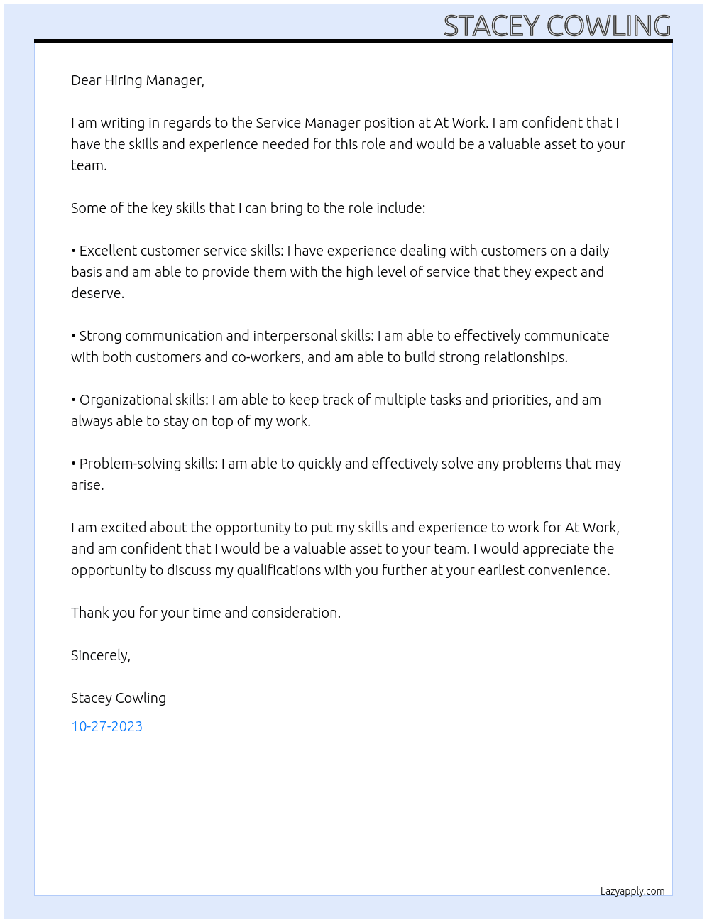 service manager At At Work Cover Letter