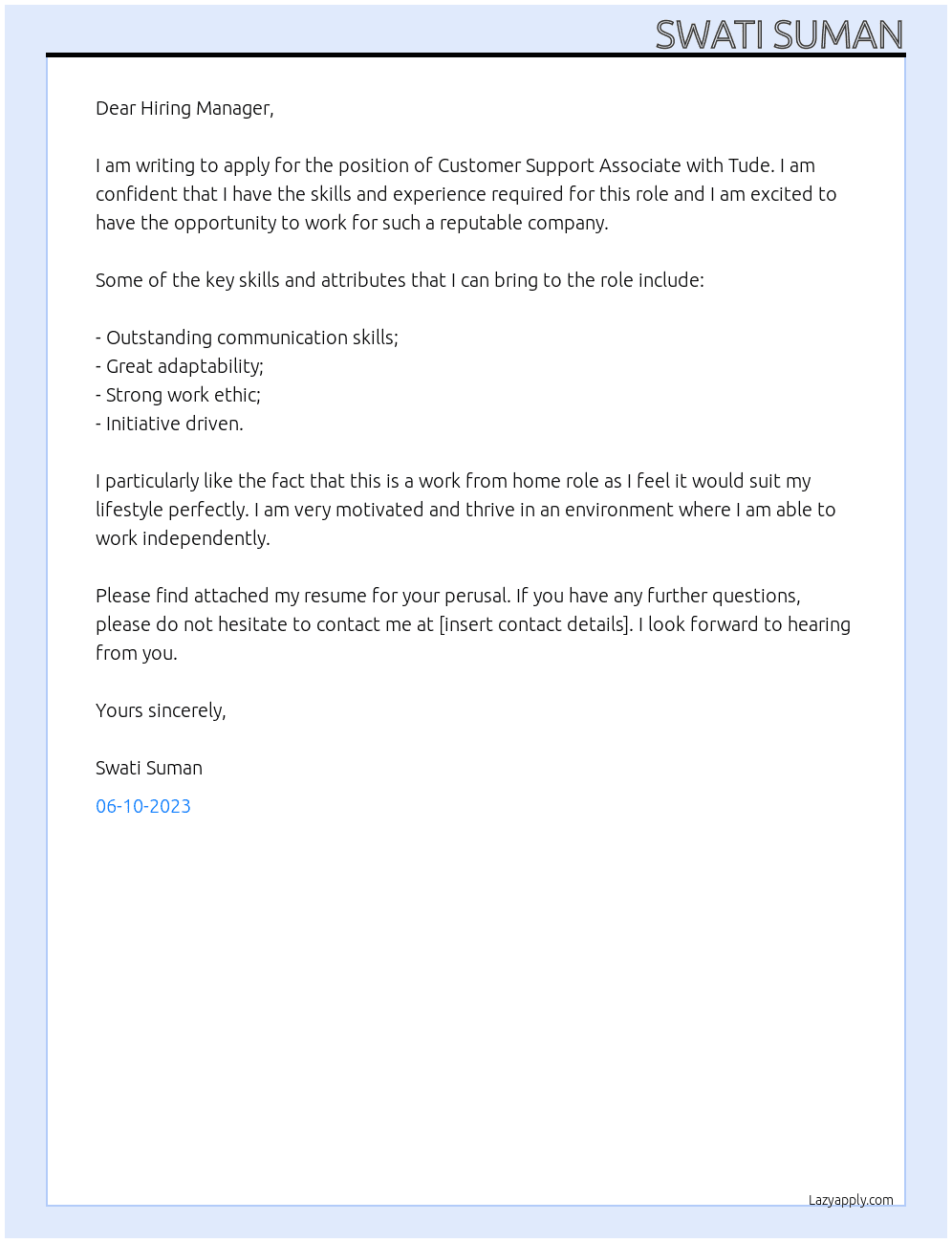Customer support associate  At Tude Cover Letter
