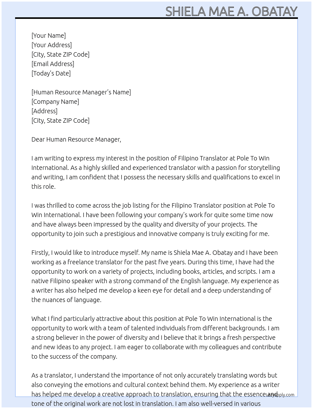Filipino Translator At Pole To Win International Cover Letter