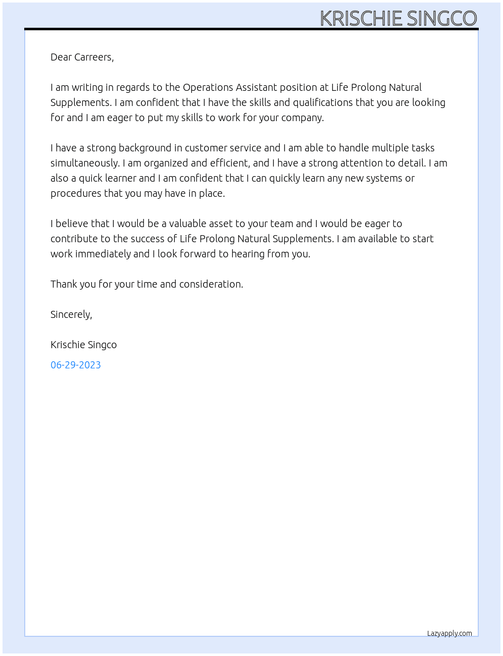OPERATIONS ASSISTANT At Life Prolong Natural Supplements Cover Letter