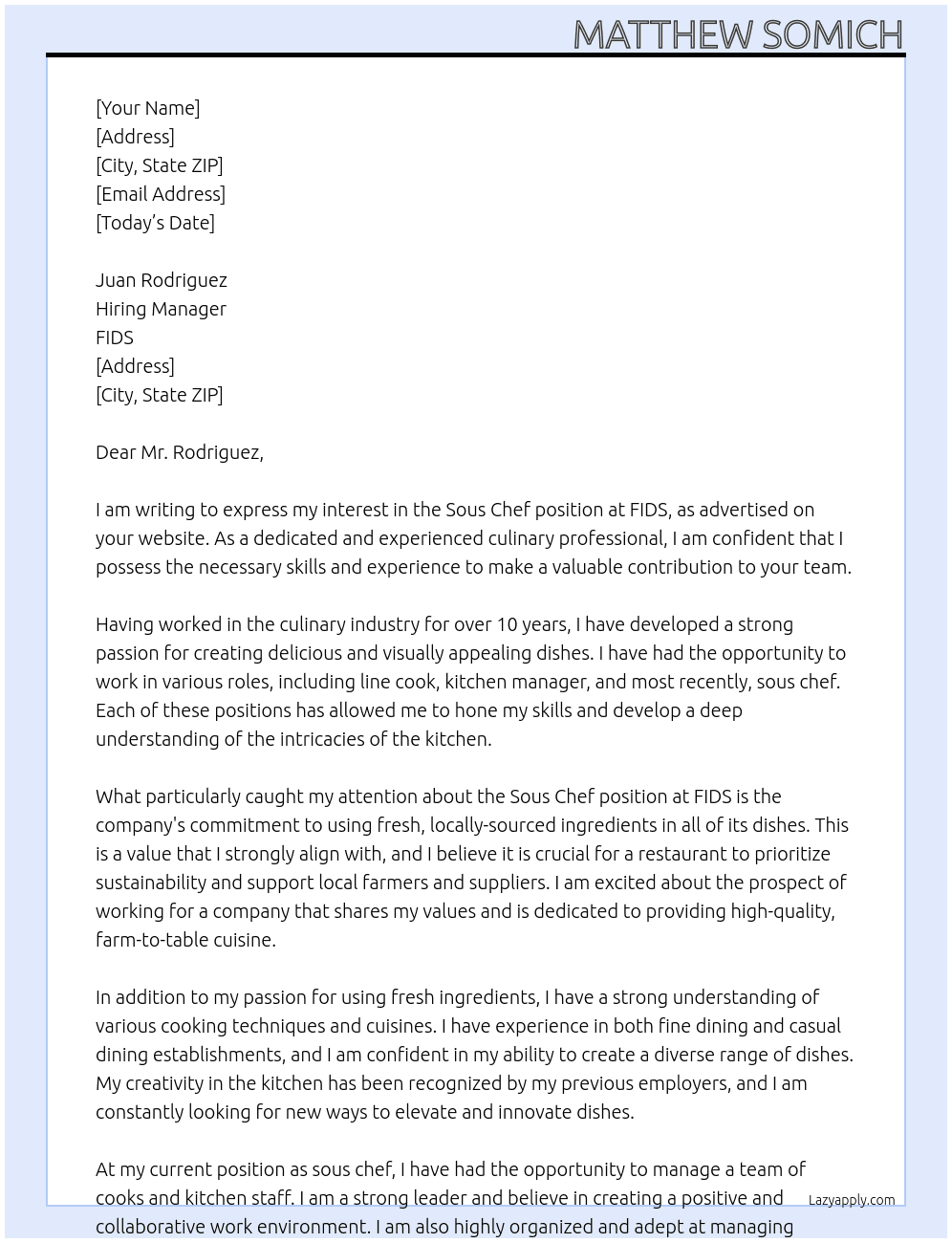 Sous Chef At FIDS Cover Letter