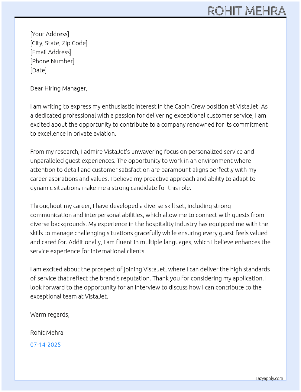 Cabin Crew  At VistaJet  Cover Letter