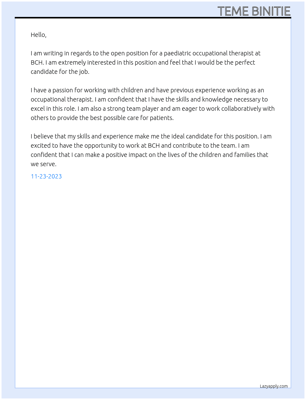 paediatric occupational therapist  At bch  Cover Letter