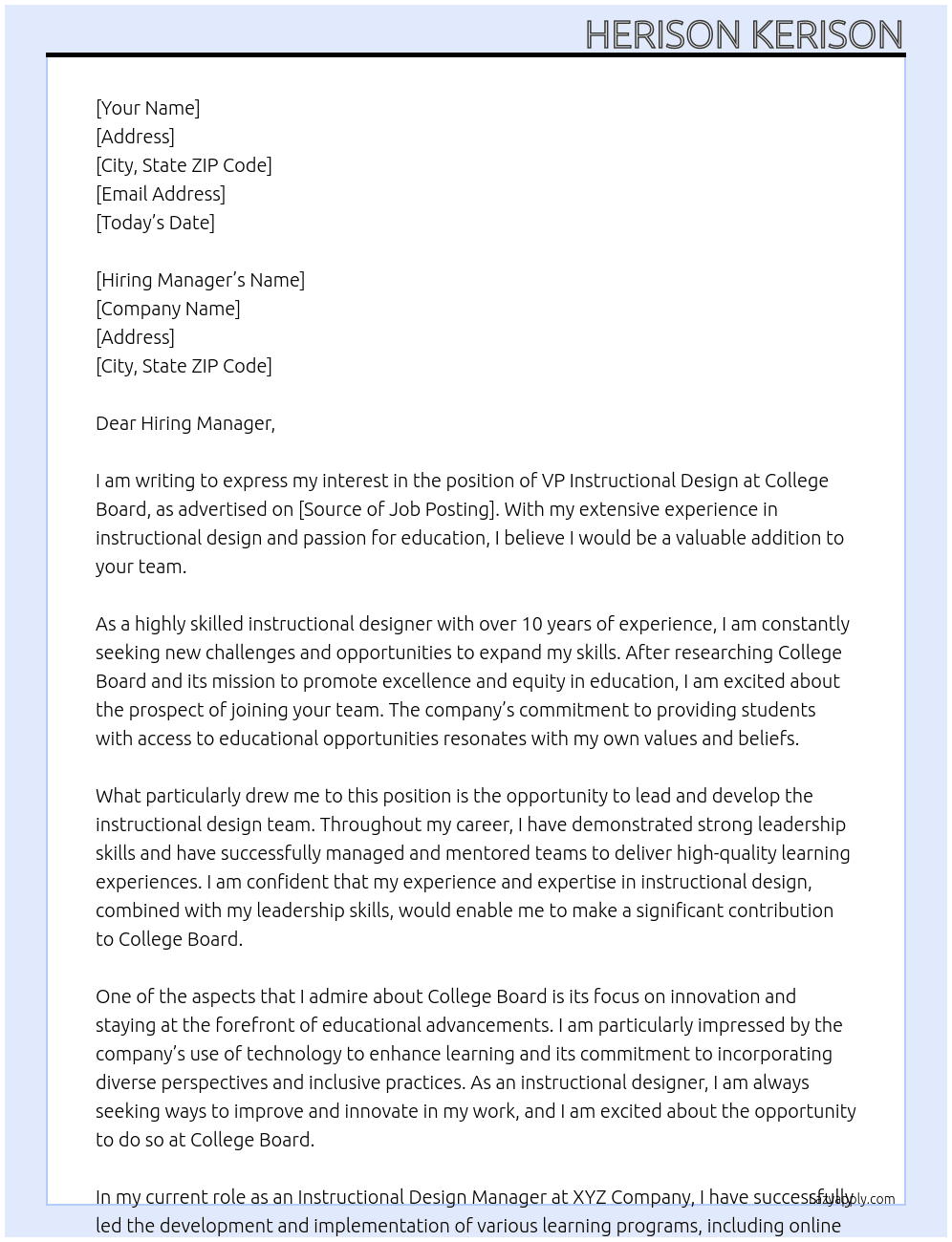 VP Instructional Design At College Board Cover Letter