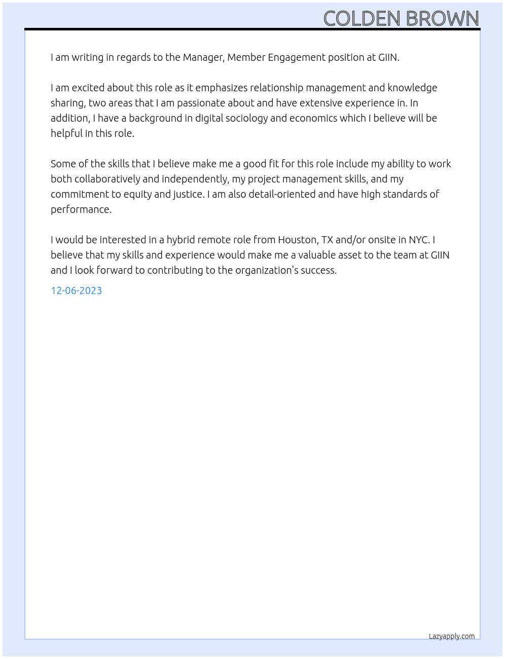 Manager, Member Engagement At GIIN Cover Letter