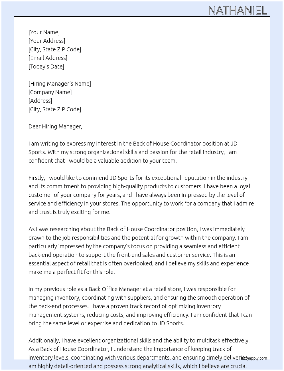 Cover letter for back of house coordinator - LazyApply
