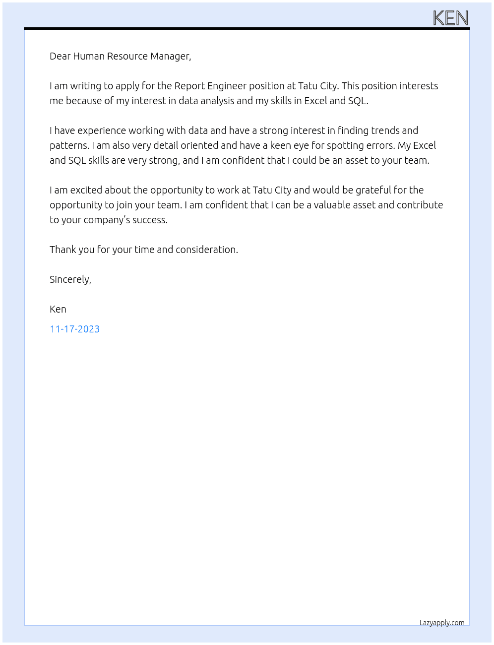 Report Engineer At Tatu City  Cover Letter