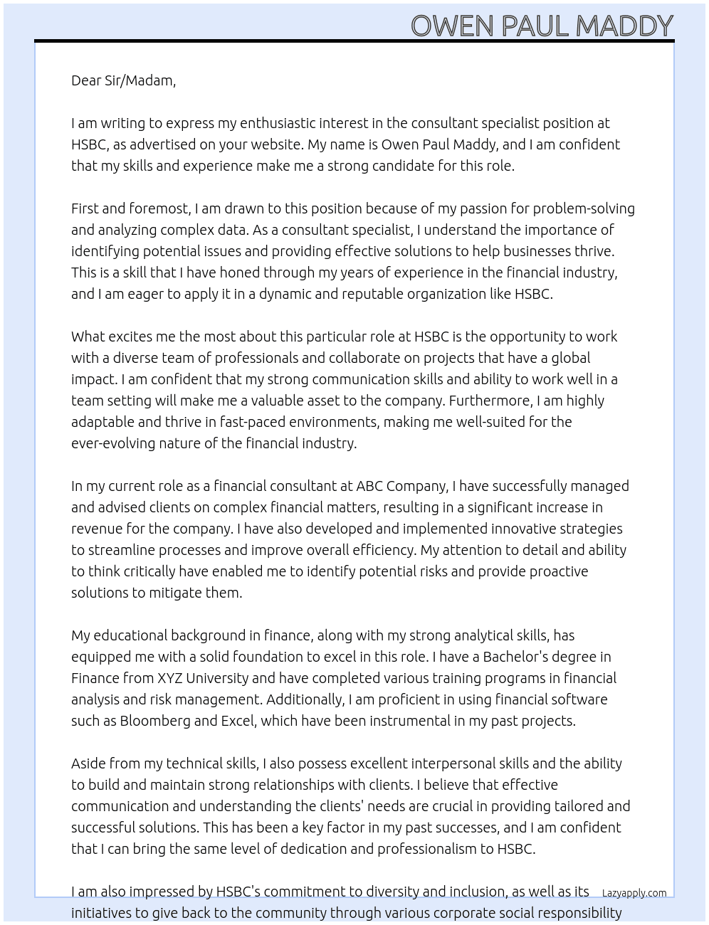consultant specialist  At HSBC Cover Letter