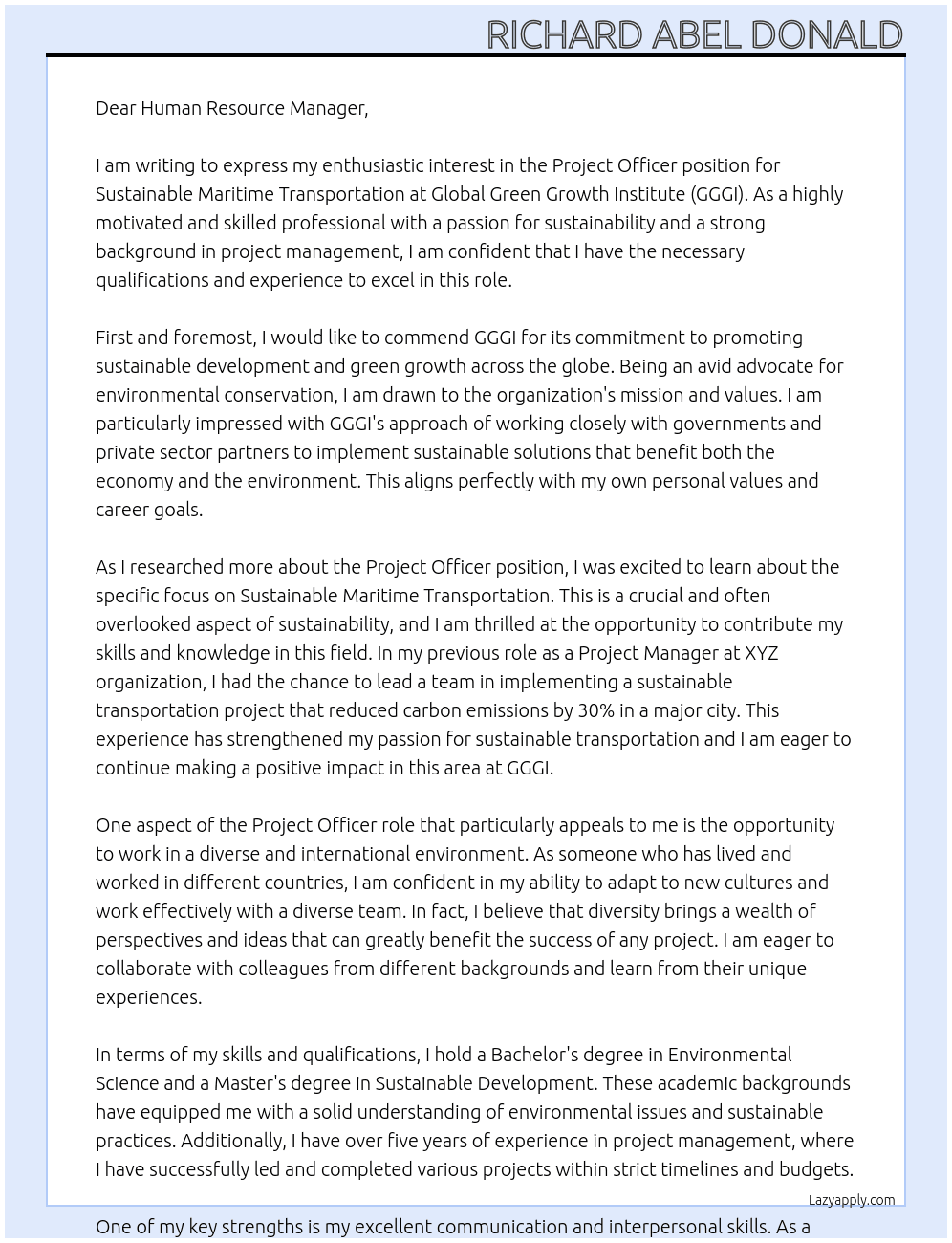 Cover letter for project officer. sustainable maritime transportation - LazyApply