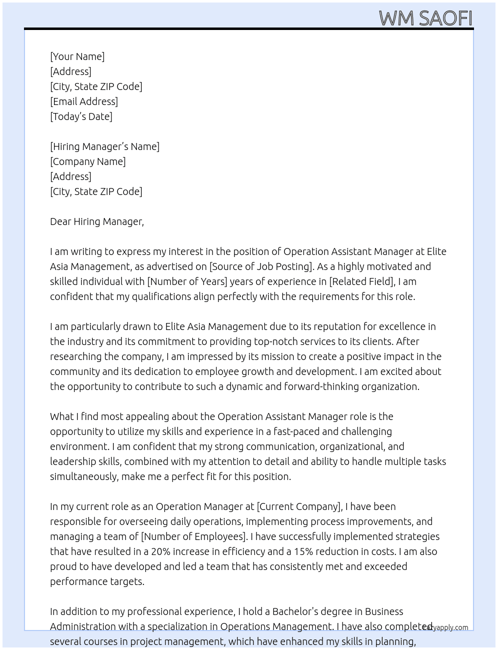 Operation Assistant Manager At Elite Asia Management Cover Letter