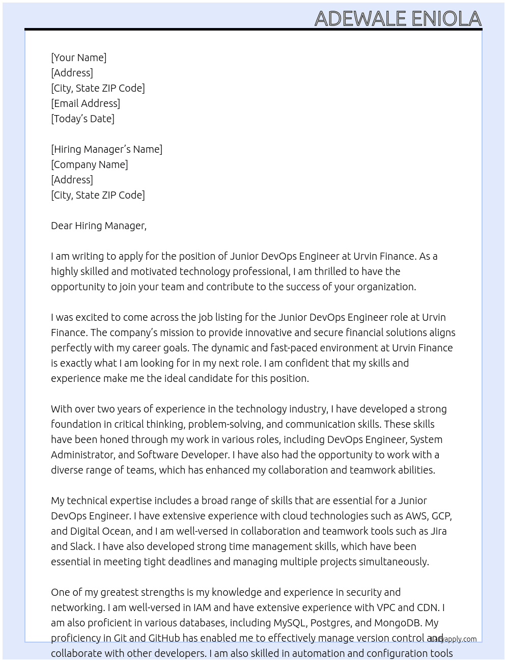 Junior DevOps Engineer At Urvin Finance Cover Letter