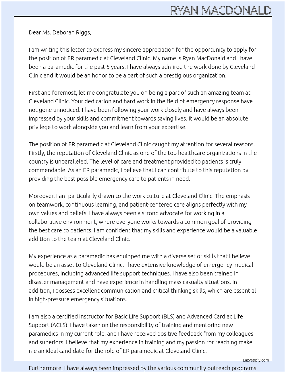 ER paramedic At Cleveland Clinic Cover Letter