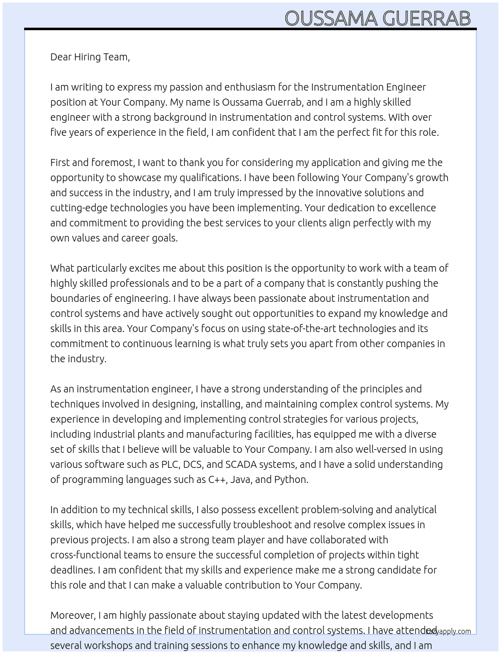 Instrumentation engineer  At Your company  Cover Letter