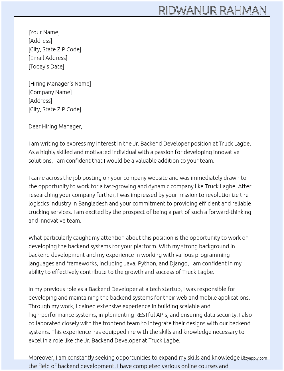 Jr. Backend Developer At Truck Lagbe Cover Letter