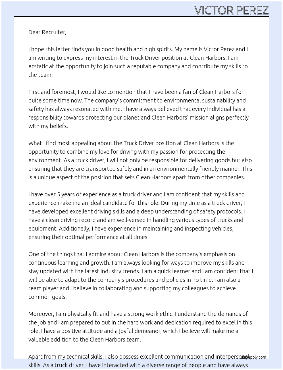 Truck Driver  At Clean Harbors Cover Letter