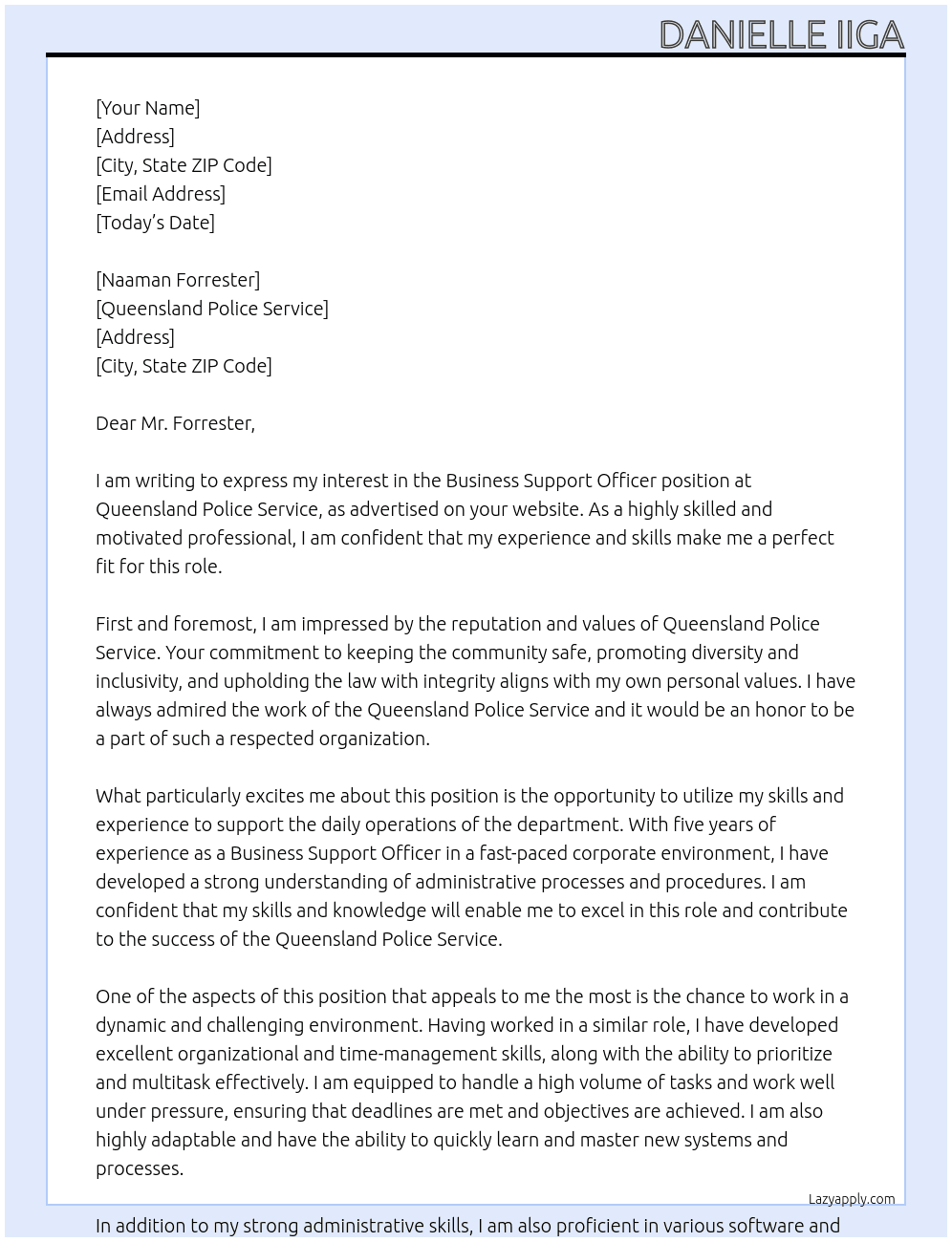 Business Support Officer At Queensland Police Service Cover Letter