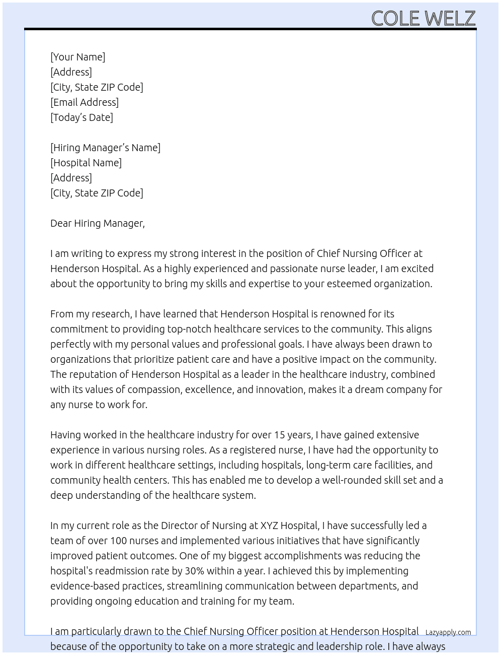 Chief Nursing Officer At Henderson Hospital Cover Letter