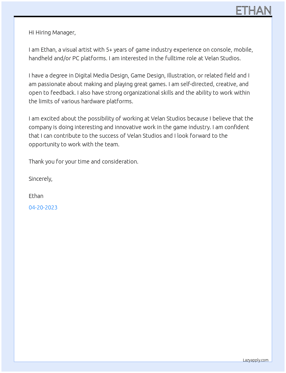 visual artist At Velan Studios Cover Letter