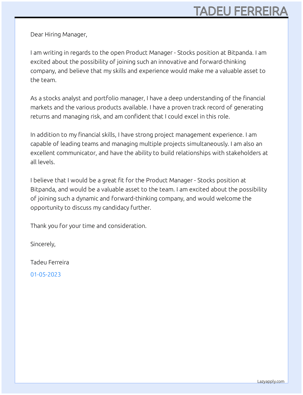 Product Manager - Stocks At Bitpanda Cover Letter