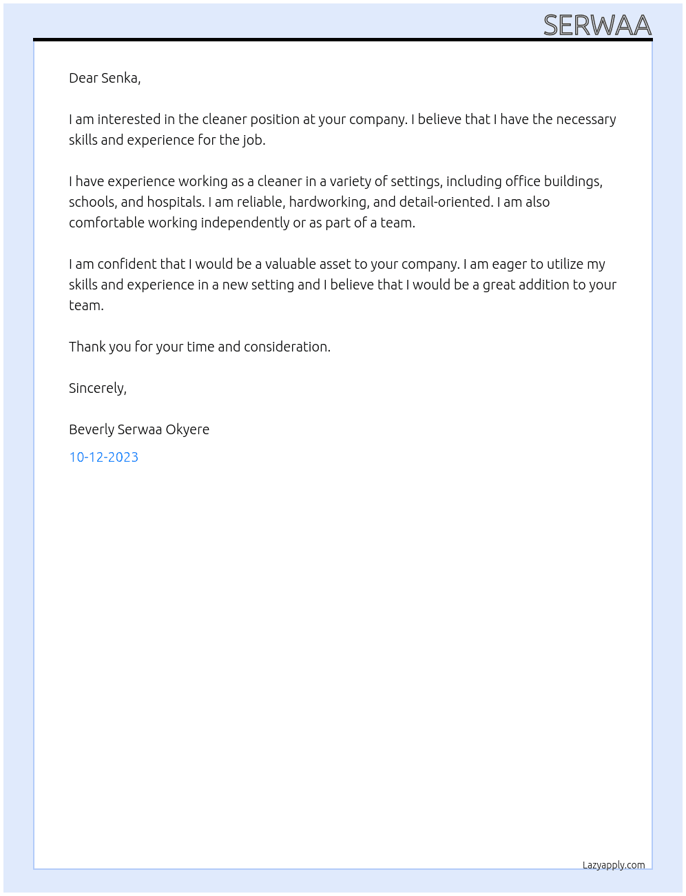 cleaner  At senka Cover Letter
