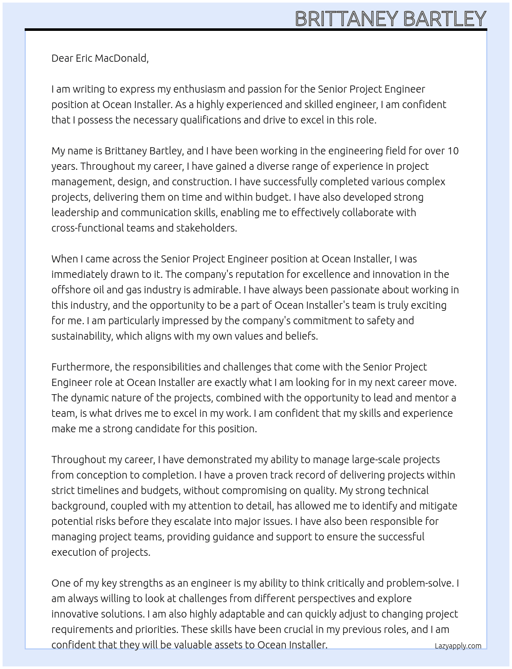 Senior Project Engineer At Ocean Installer Cover Letter