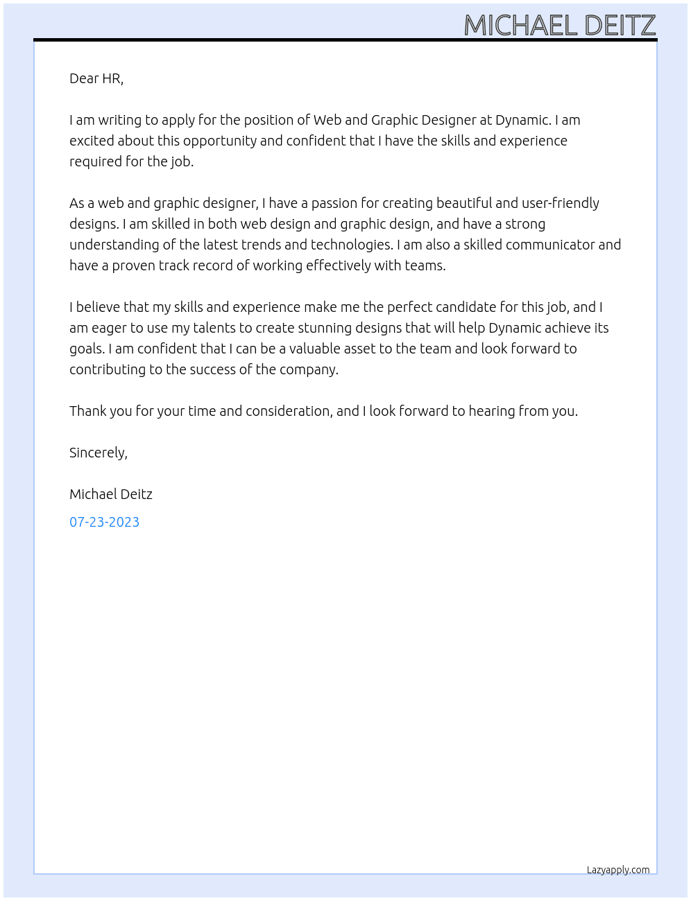 Web and Graphic Designer At Dynamic Cover Letter