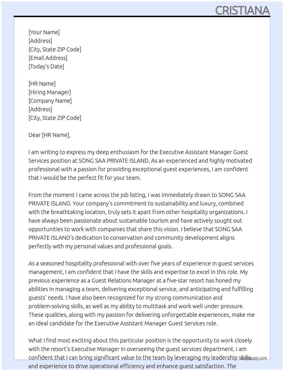  Executive Assistant Manager Guest Services  At SONG SAA PRIVATE ISLAND Cover Letter