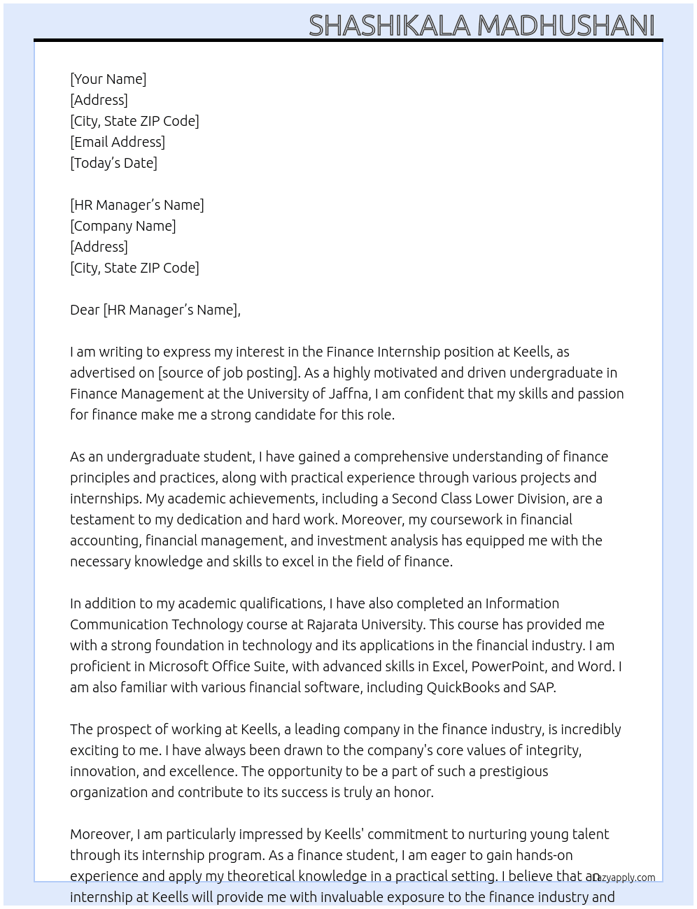 Finance internaship  At Keells Cover Letter